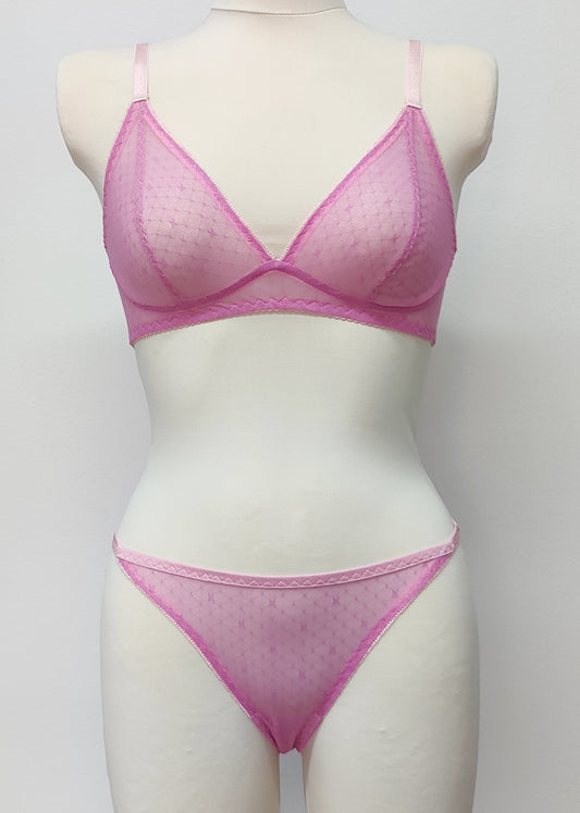 pink sheer string bikini panties made with lingerie mesh with tiny X pattern, shown with matching Chloe bralette
