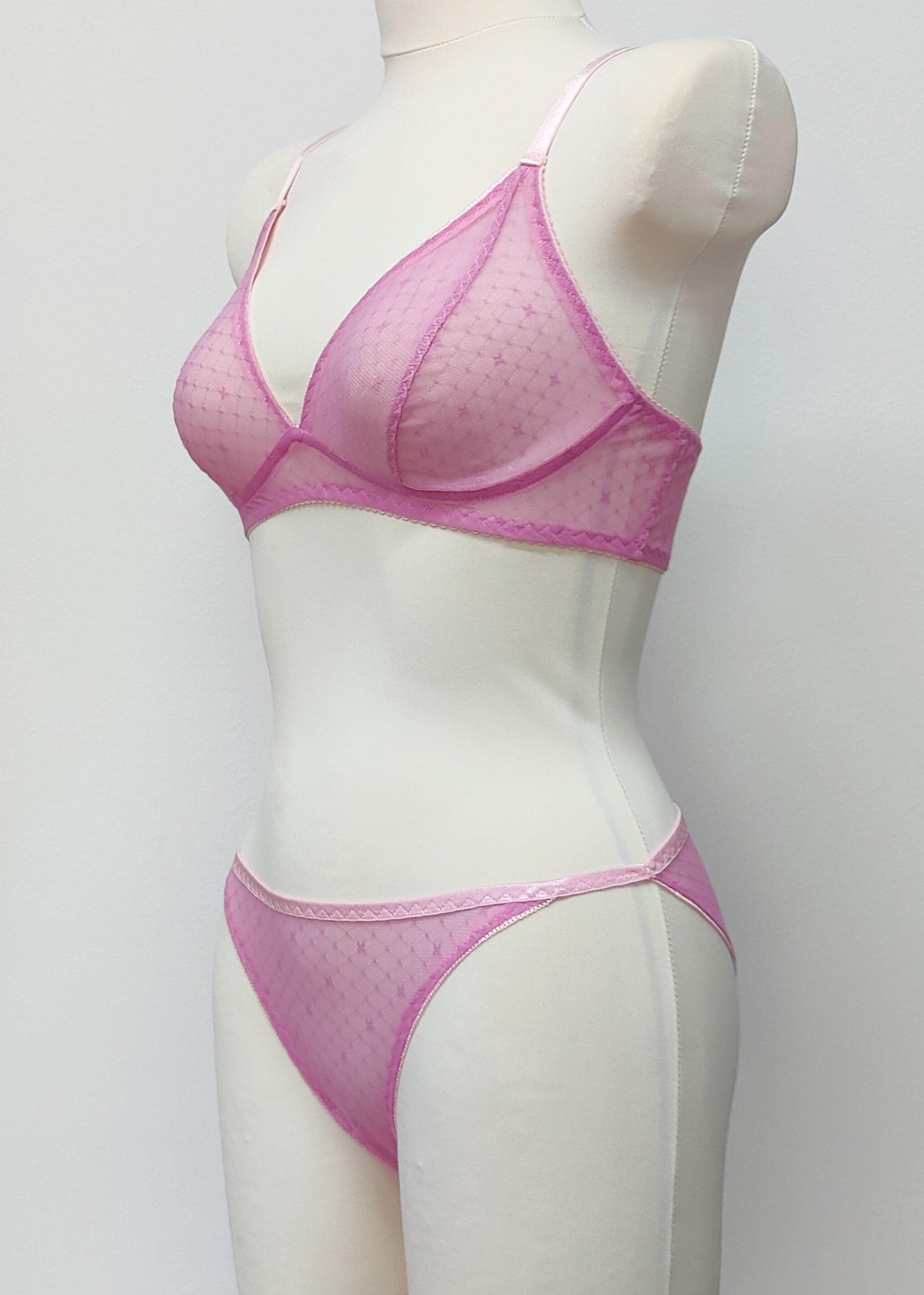 Fuchsia pink sheer Chloe bra/bralette, shown with matching Irma panties, side view