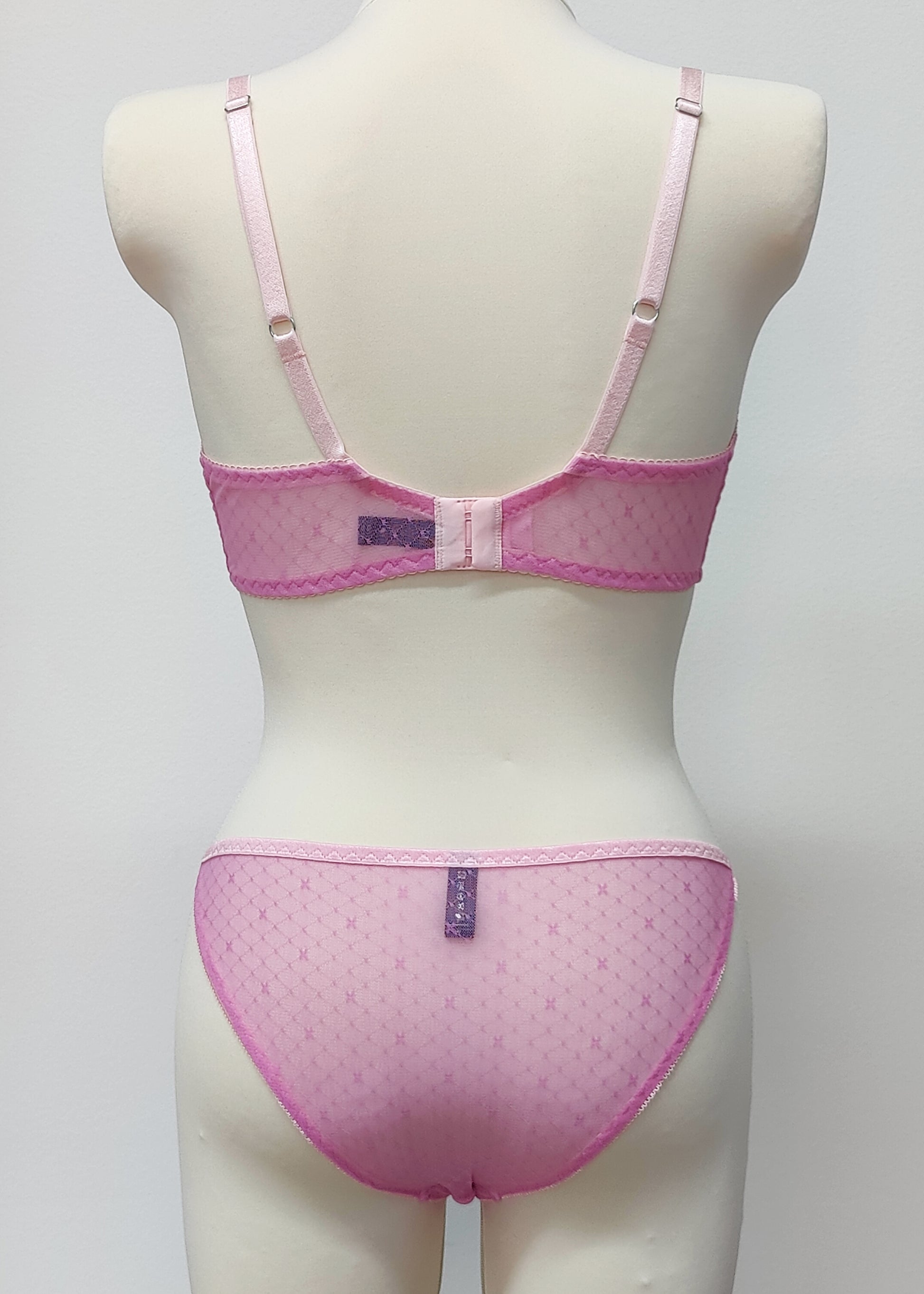 Fuchsia pink sheer Chloe bra/bralette, shown with matching Irma panties, back view