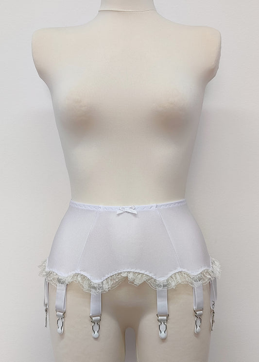 White 10 strap Gigi garter belt with ruffle trim