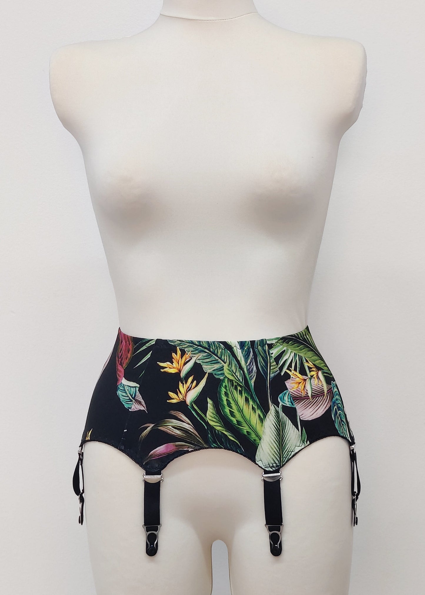 Veronica is classic retro style, 6 strap garter belt, tropical florals on black