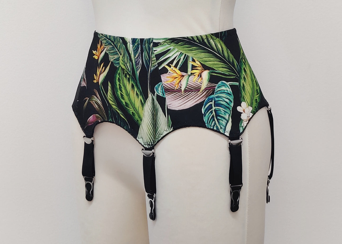 Veronica is classic retro style, 6 strap garter belt, tropical florals on black