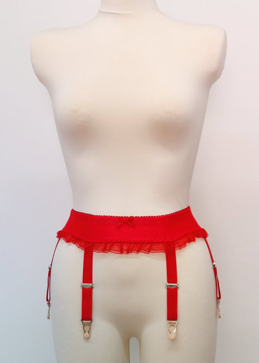 red narrow 60's style Summer garter belt with ruffle trim and 6 straps