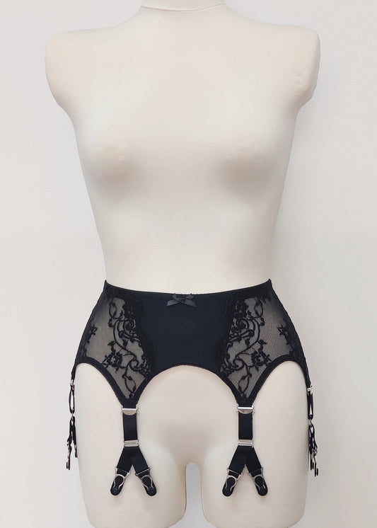 Black High waist Rita garter belt with lace side panels and 6 Y straps