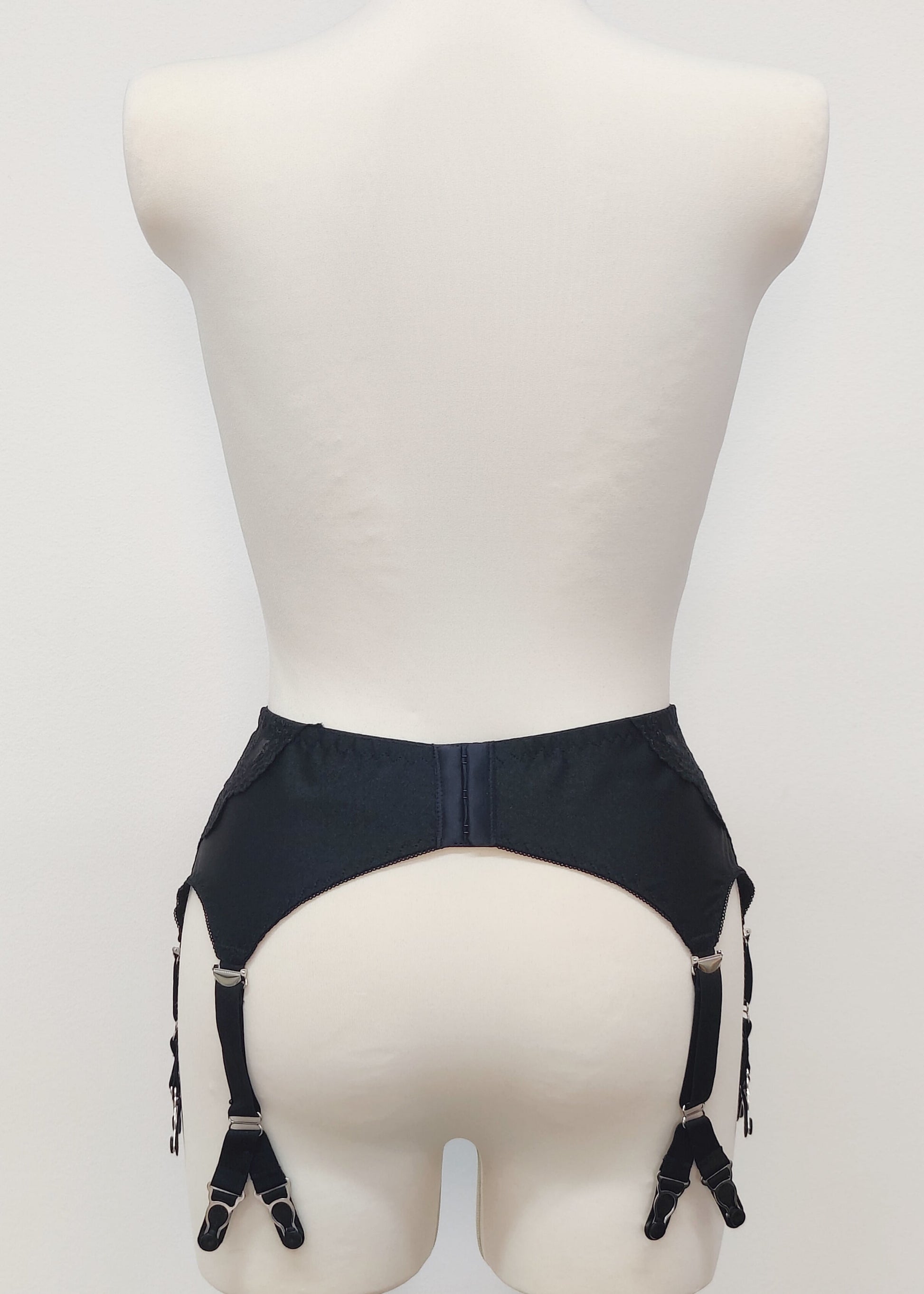 Black High waist Rita garter belt with lace side panels and 6 Y straps, back view