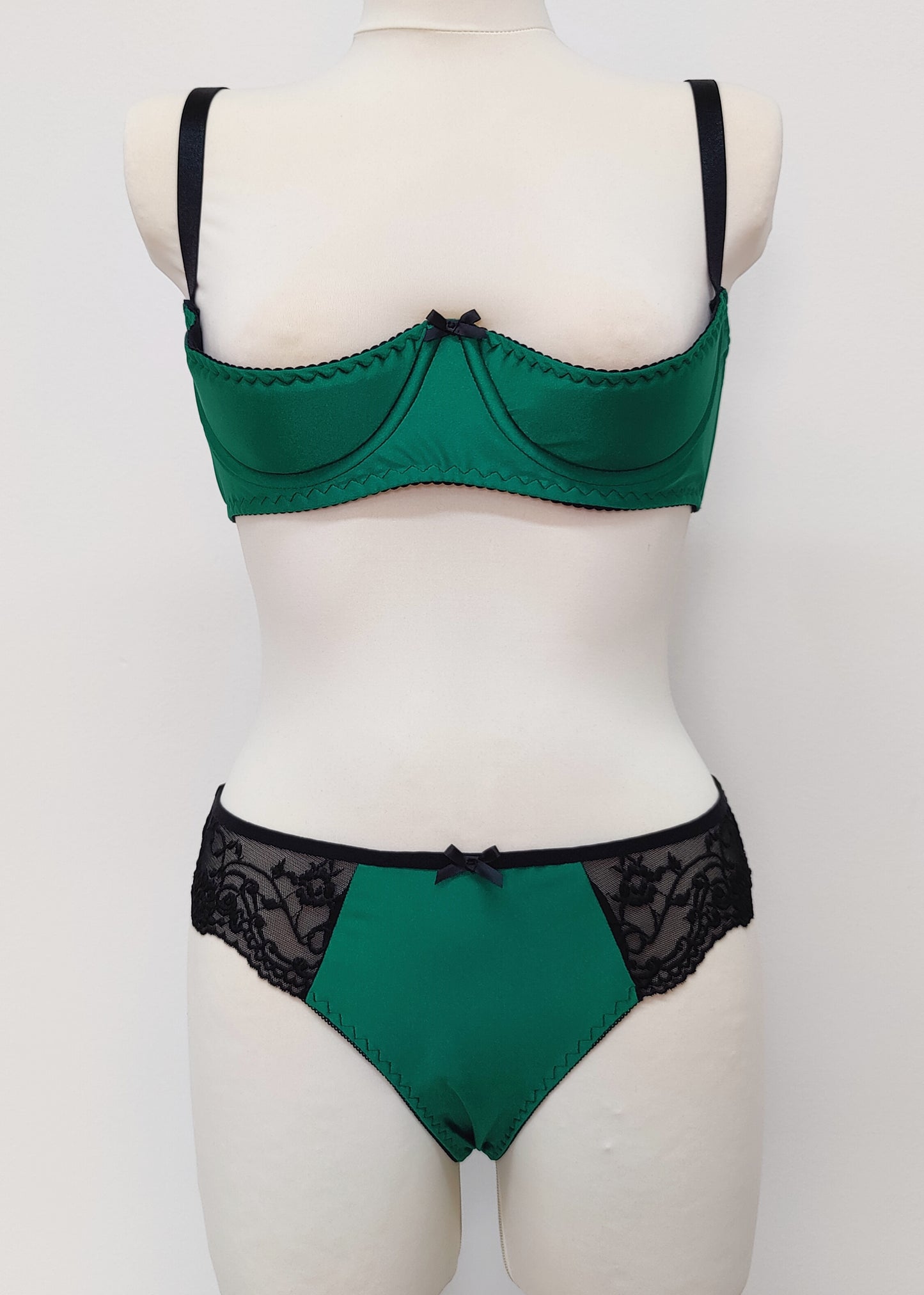 green tanga panties/knickers with black lace side and back, shown with green Gina quarter cup bra