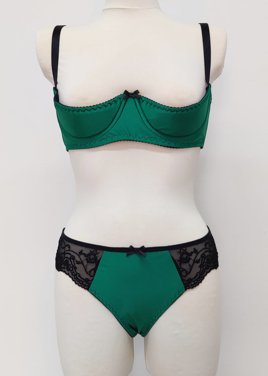 green tanga panties/knickers with black lace side and back, shown with green Gina quarter cup bra