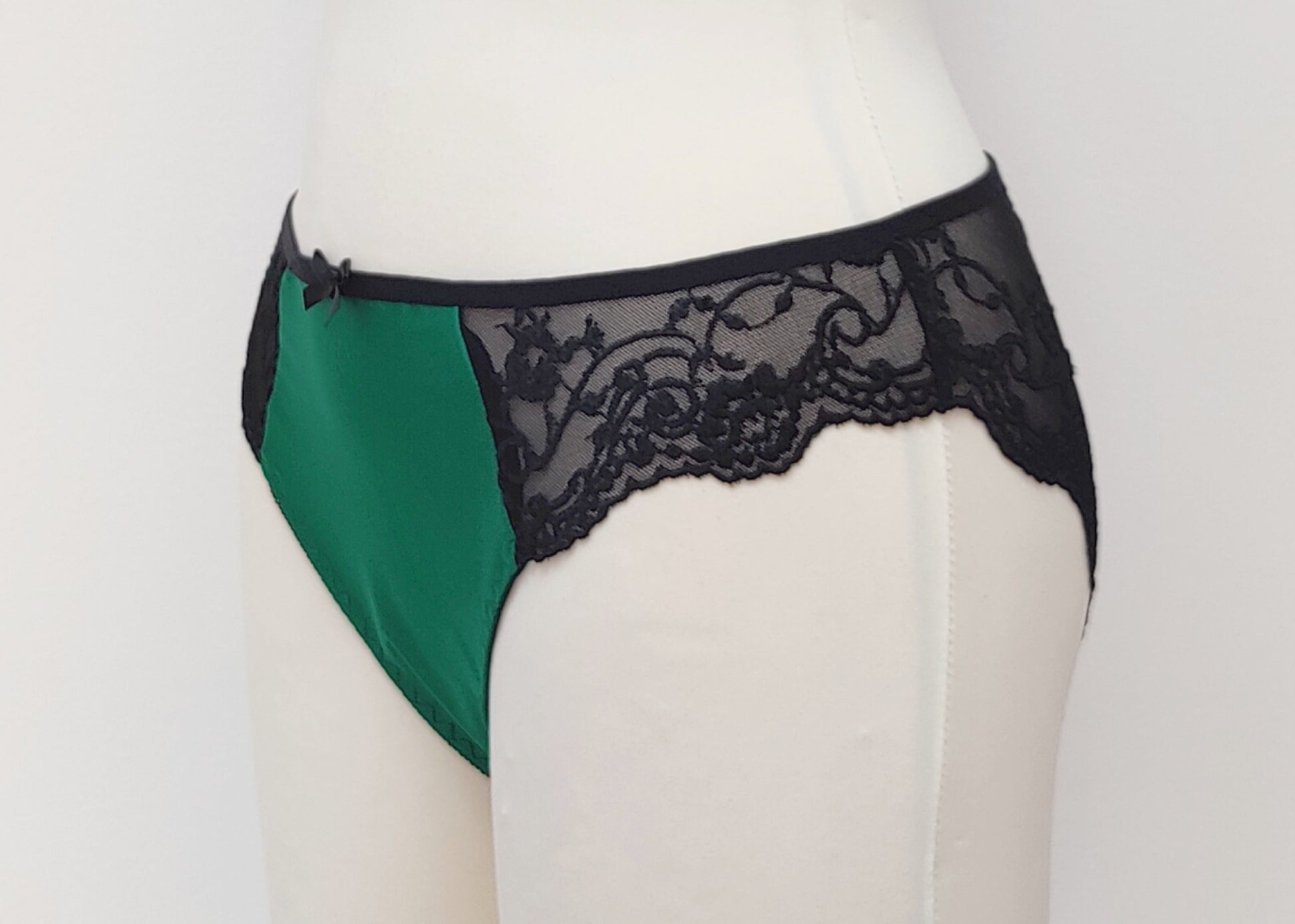 green tanga panties/knickers with black lace side and backside view