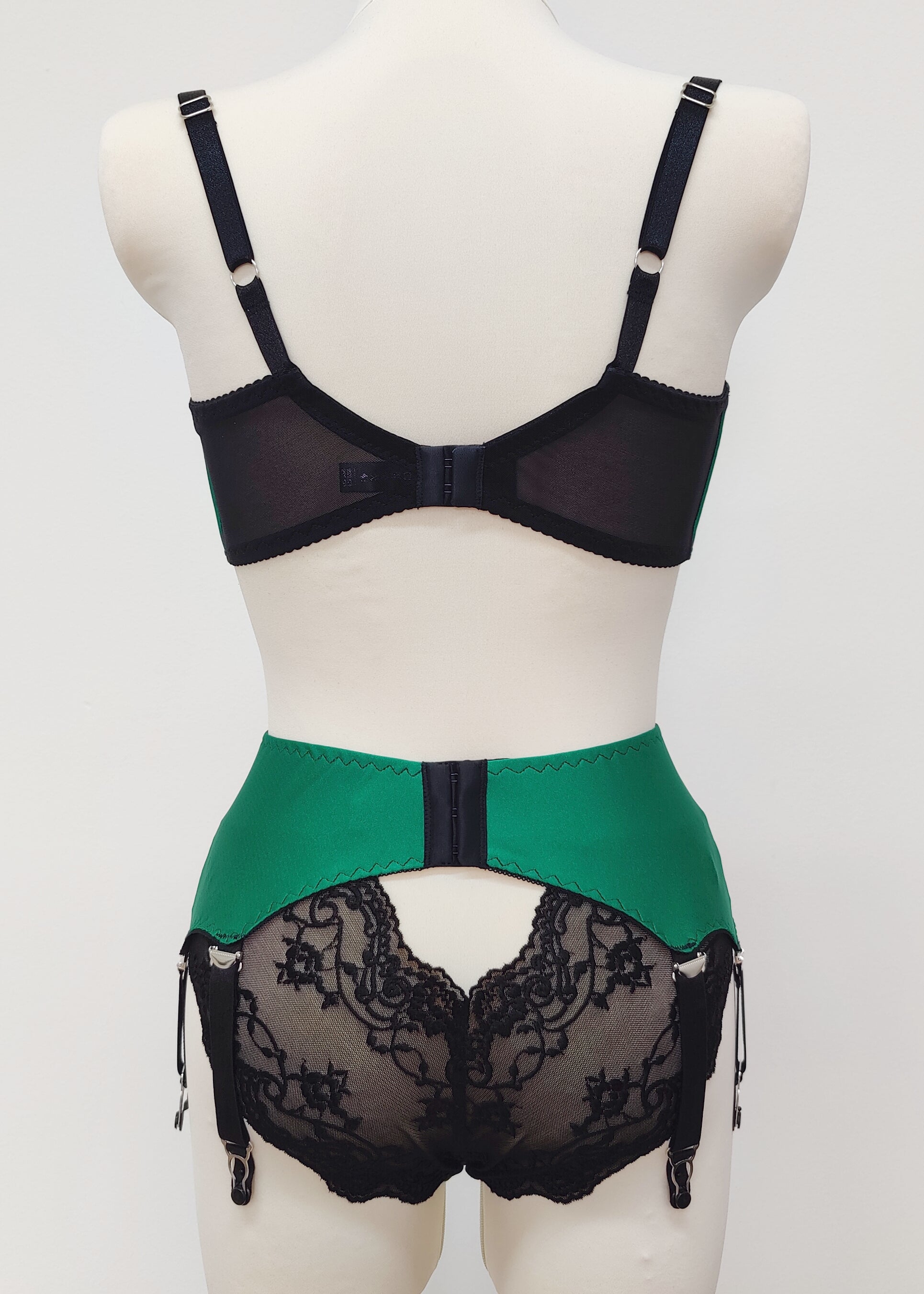 green tanga panties/knickers with black lace side and back, shown with green Gina quarter cup bra, back view