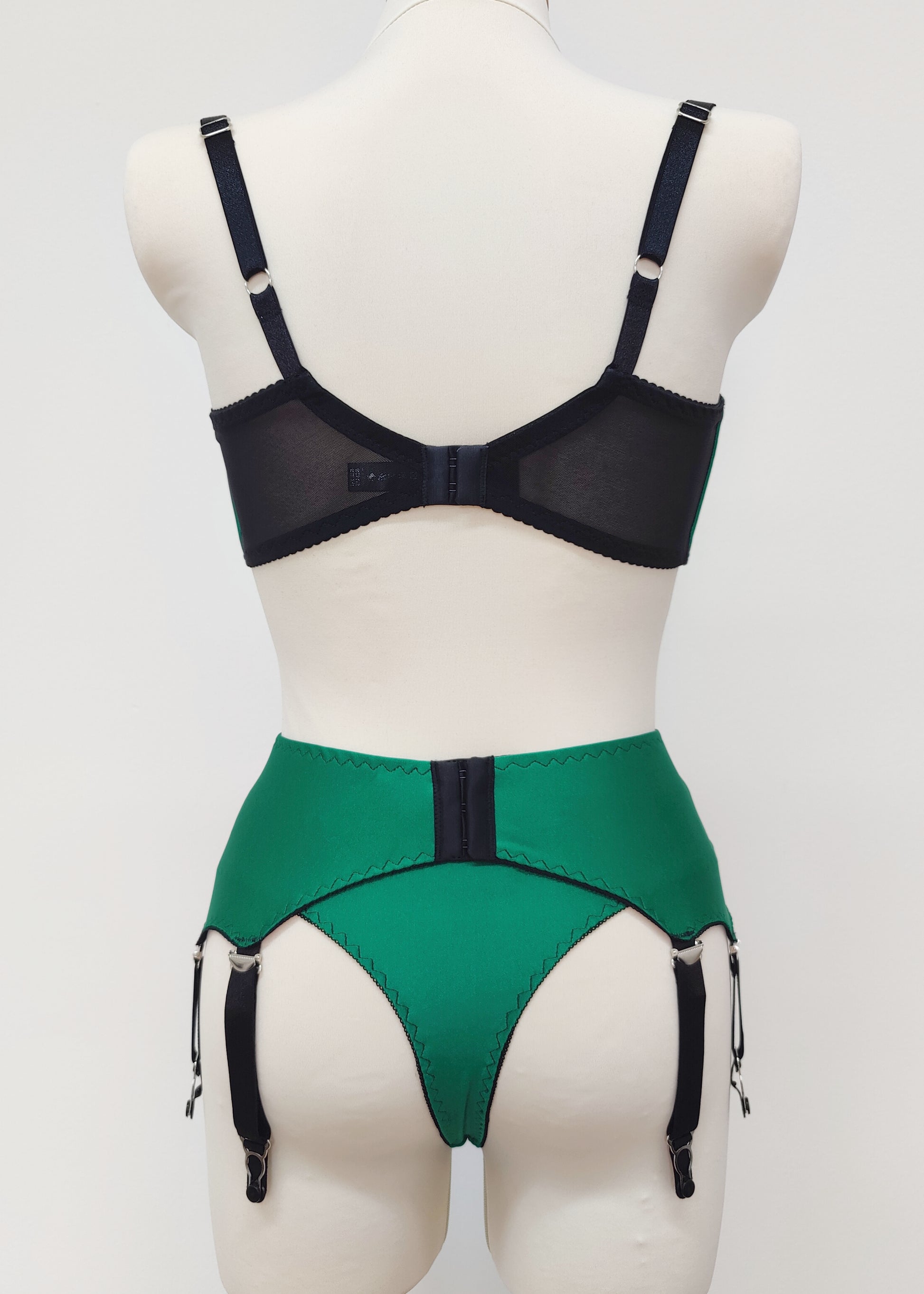 green thong panties/knickers with black lace side inserts, shown with green Gina quarter cup bra