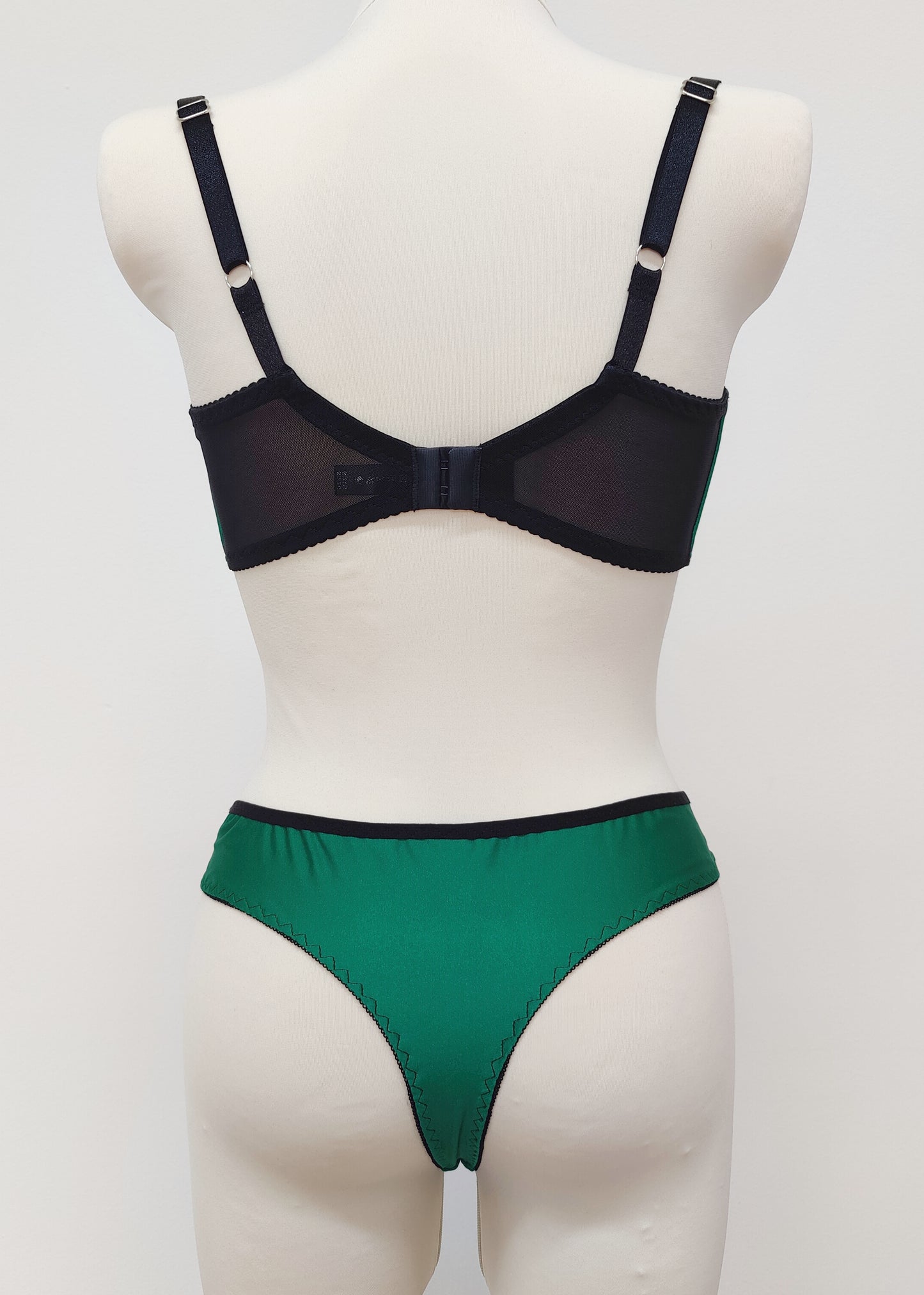 green thong panties/knickers with black lace side inserts, shown with green Gina quarter cup bra