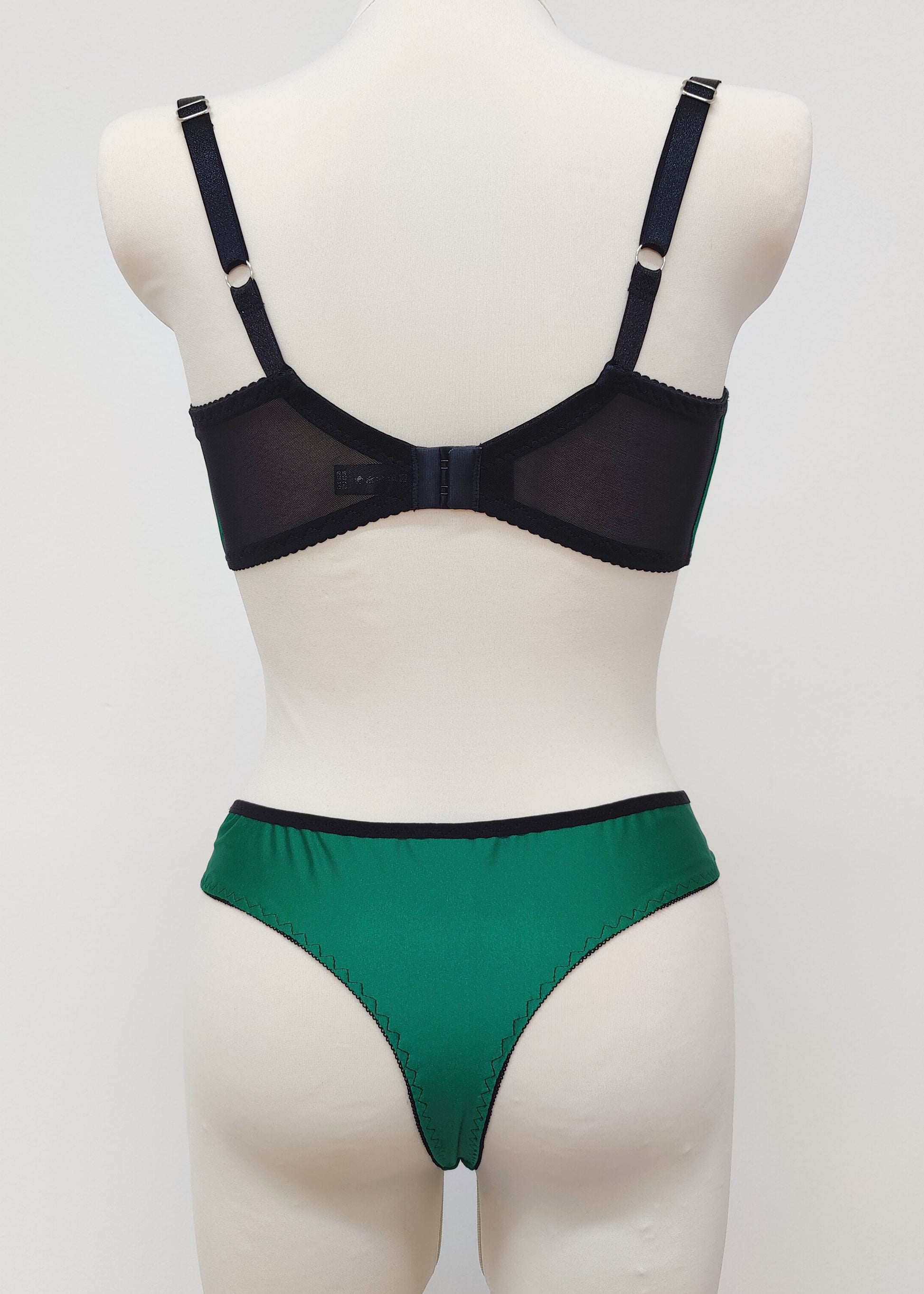 green thong panties/knickers with black lace side inserts, shown with green Gina quarter cup bra
