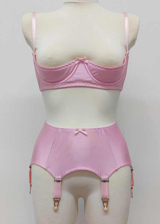 pink 6 strap, vintage style Greta garter belt, shown with matching Gina quarter cup bra
