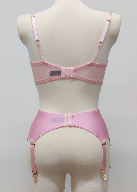 pink 6 strap, vintage style Greta garter belt, shown with matching Gina quarter cup bra, back view