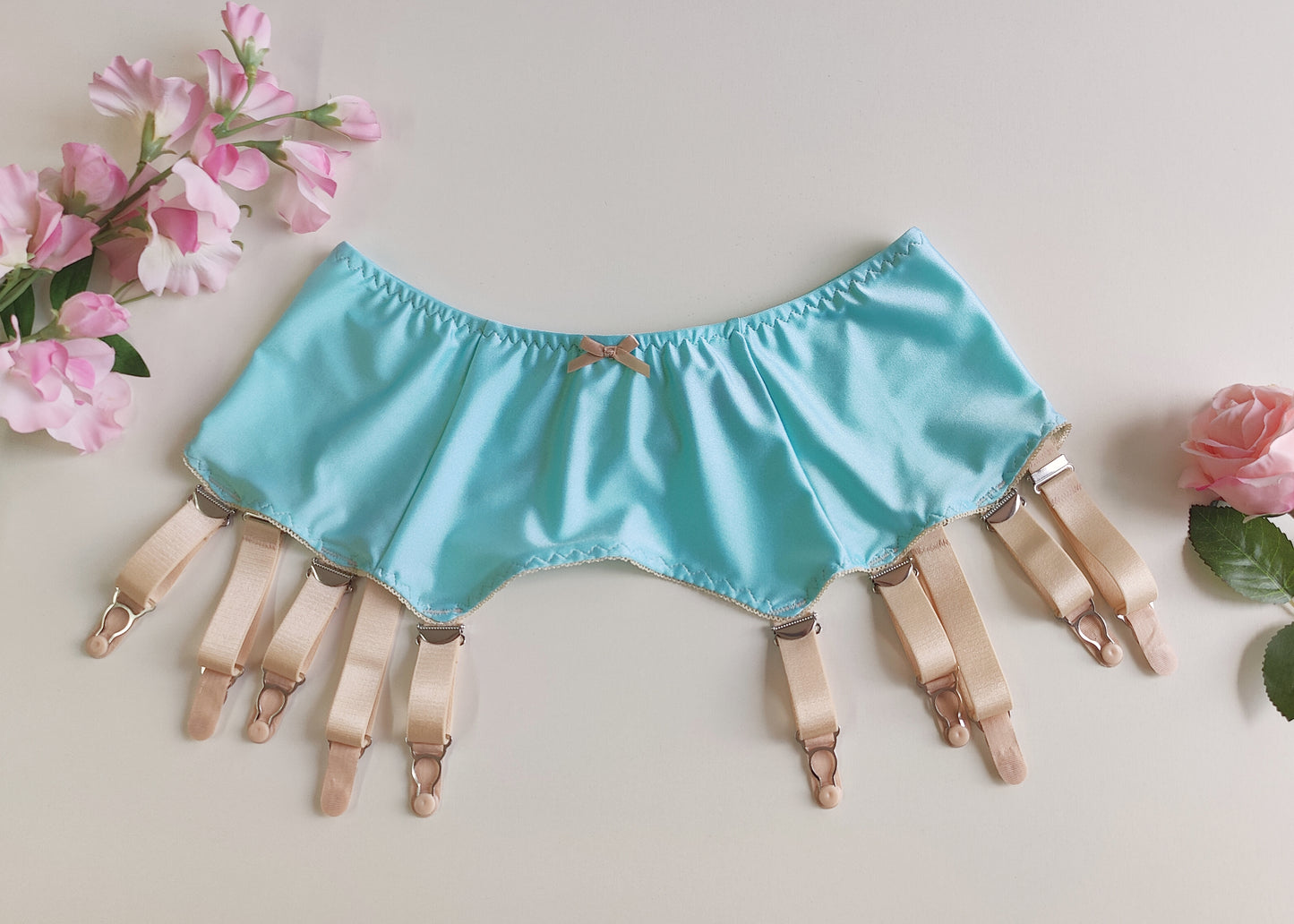 aqua with 10 beige straps, vintage style Greta garter belt