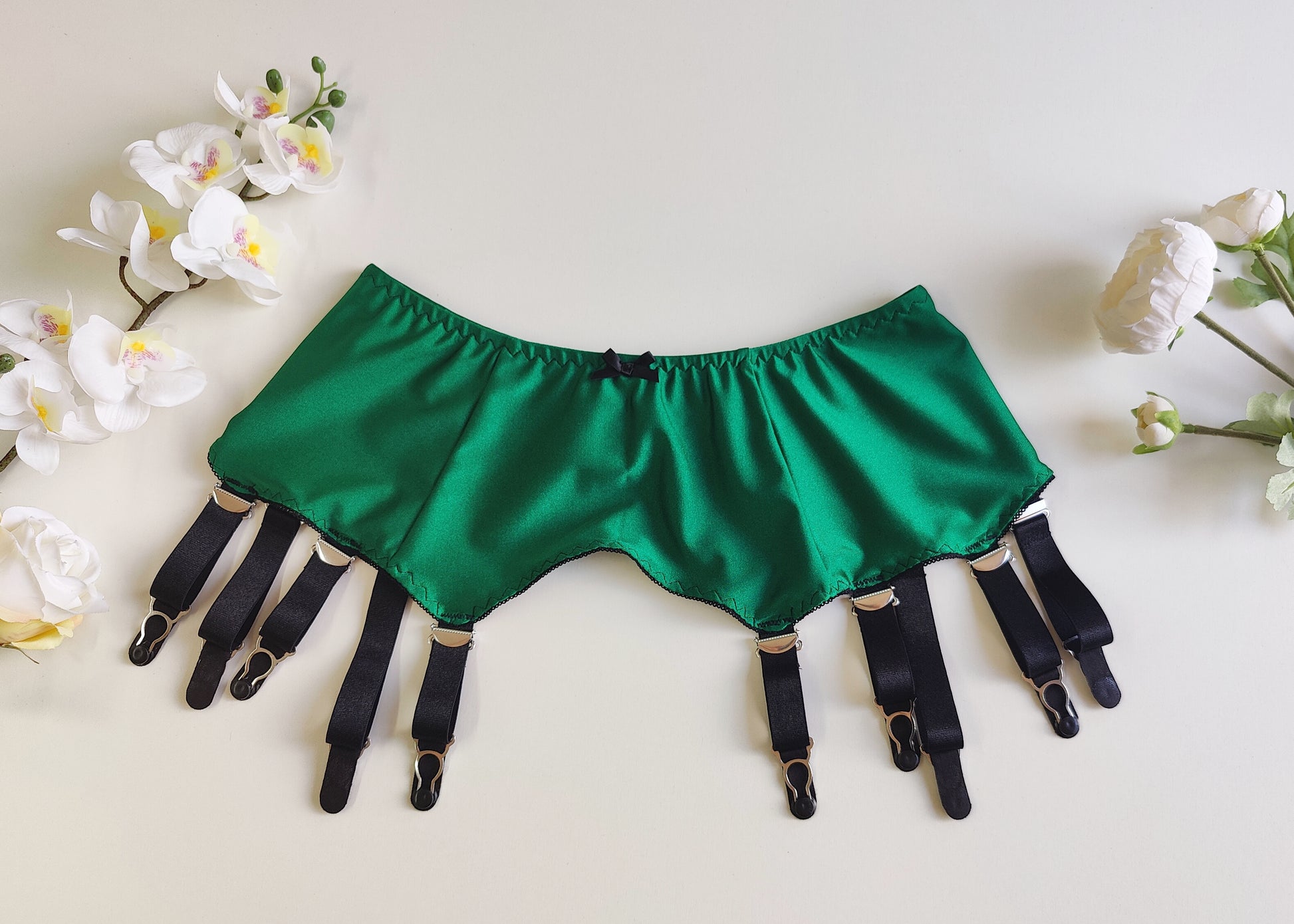 emerald green with black 10 straps, vintage style Greta garter belt