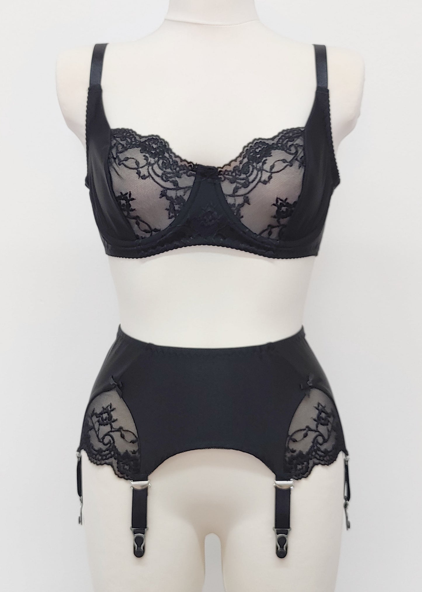 Black lace Vivian bra, shown with matching black, wide, 6 strap Scarlett garter belt with side lace inserts