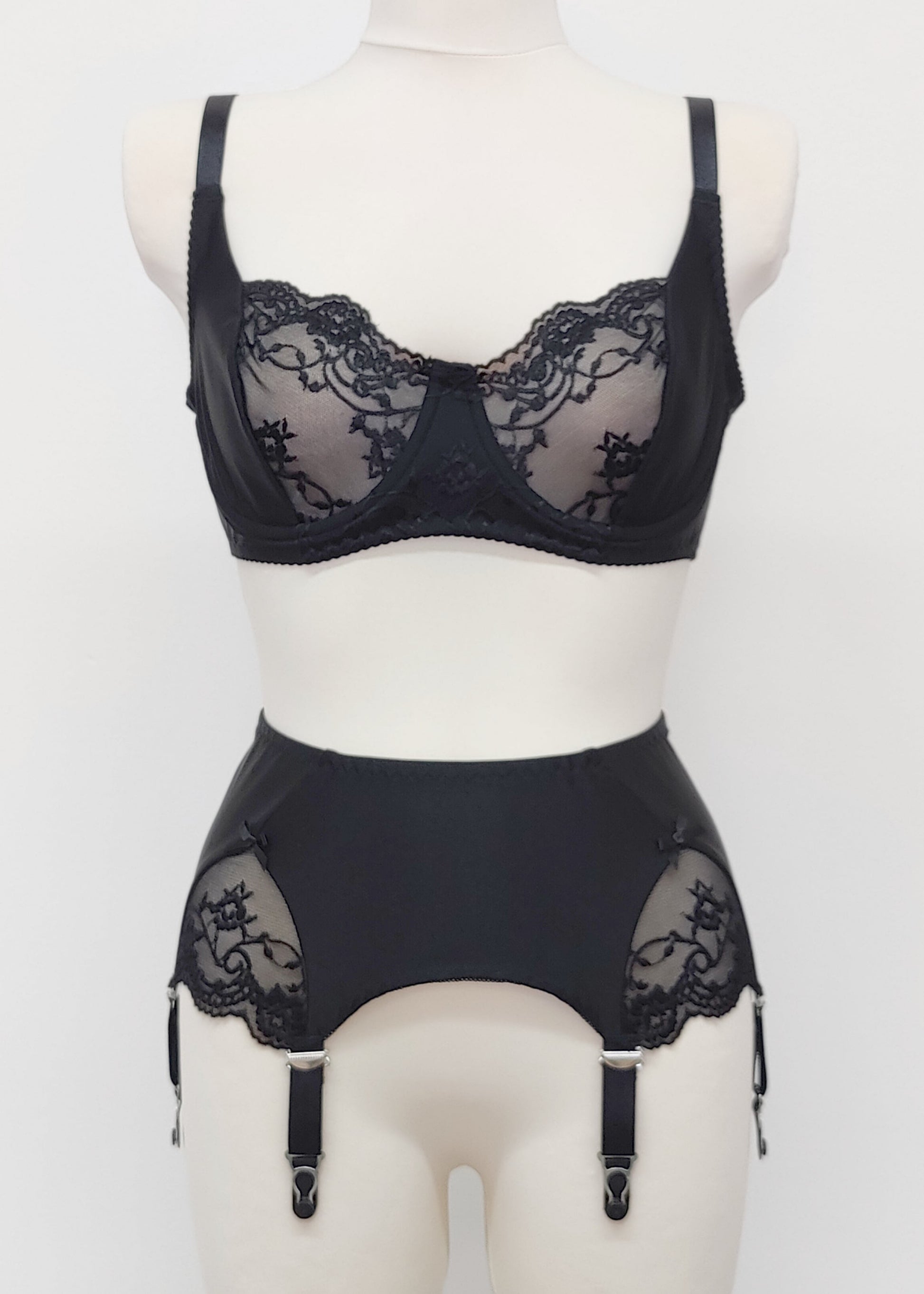 Black lace Vivian bra, shown with matching black, wide, 6 strap Scarlett garter belt with side lace inserts