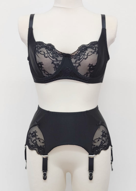Black lace Vivian bra, shown with matching black, wide, 6 strap Scarlett garter belt with side lace inserts
