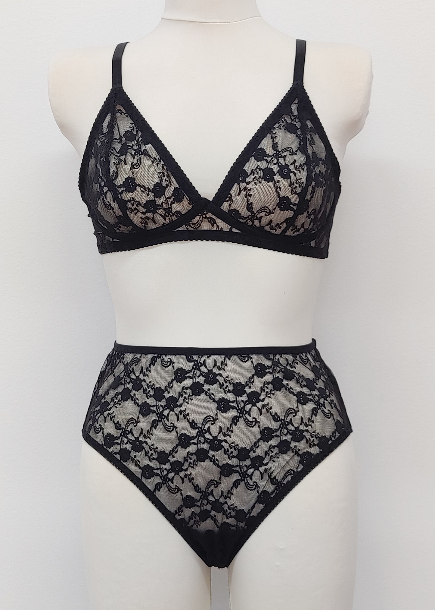 black sheer allover lace Chloe bralette with matching Irma panties