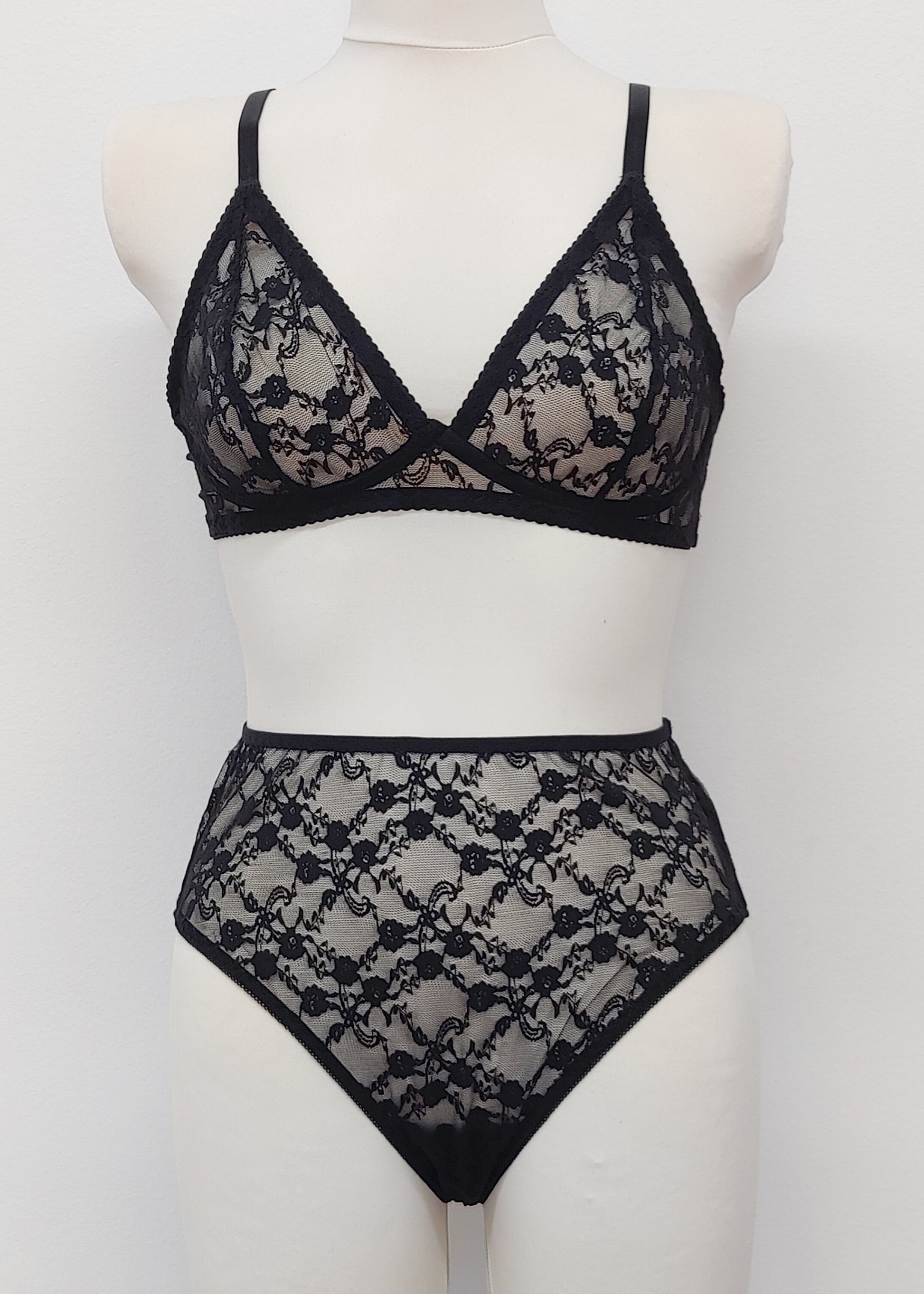 black sheer allover lace Chloe bralette with matching Irma panties