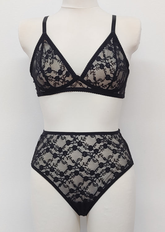 black sheer allover lace, highwaist Irma panties with matching Chloe bralette