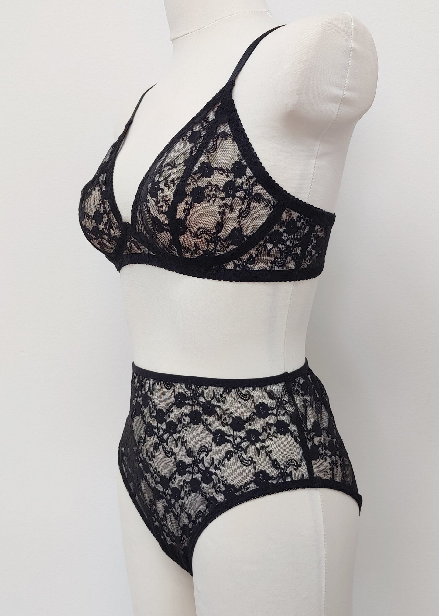 black sheer allover lace, highwaist Irma panties with matching Chloe bralette, side view