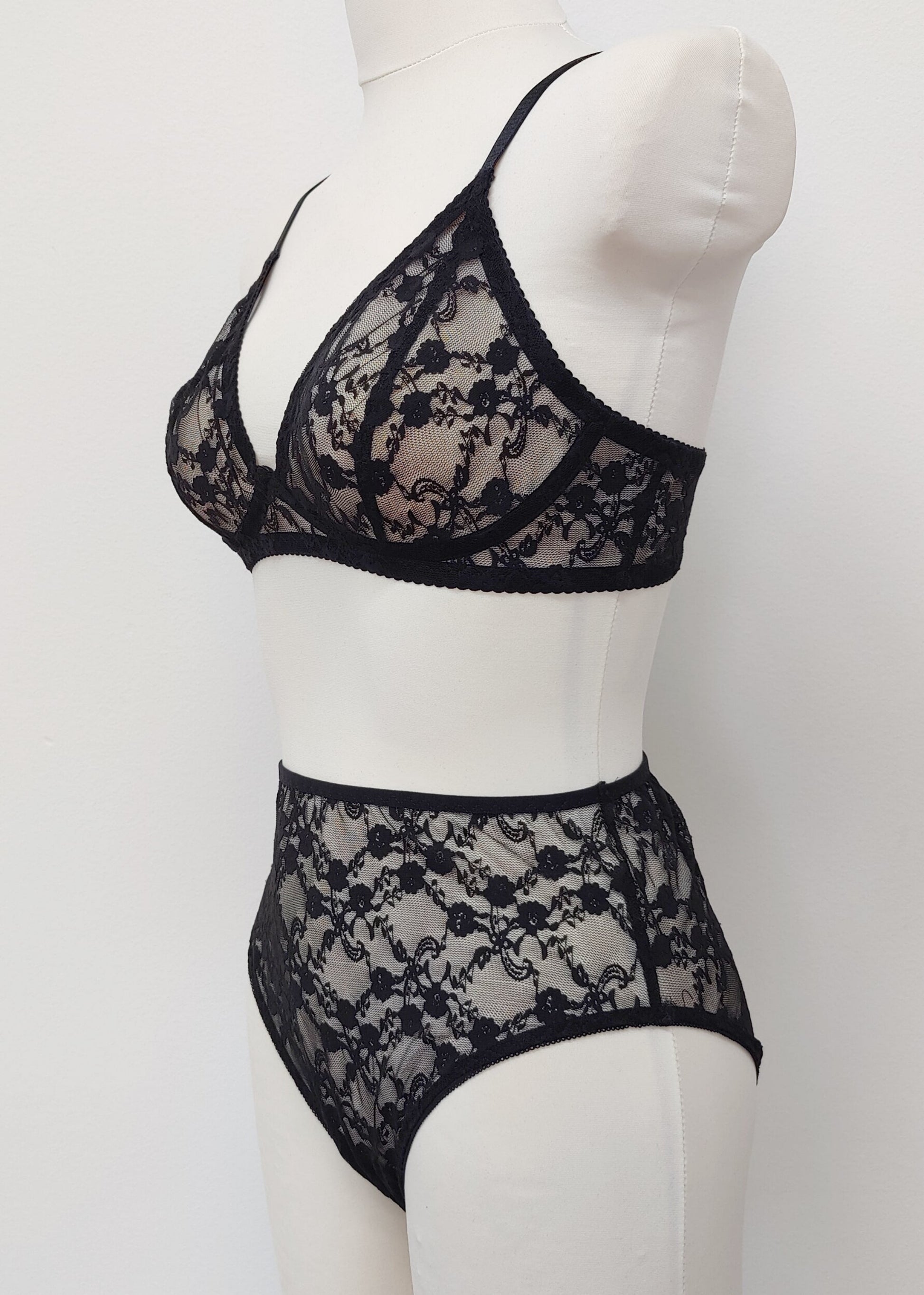 black sheer allover lace, highwaist Irma panties with matching Chloe bralette, side view