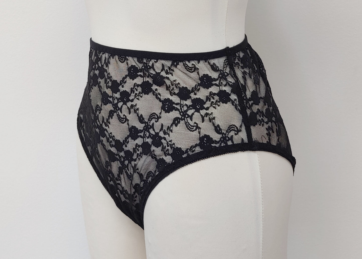 black sheer allover lace, highwaist Irma panties, side view