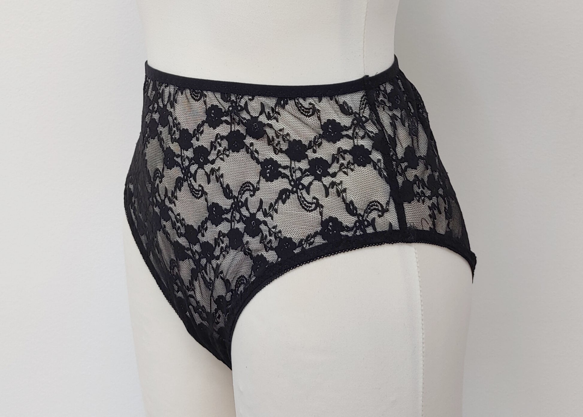 black sheer allover lace, highwaist Irma panties, side view