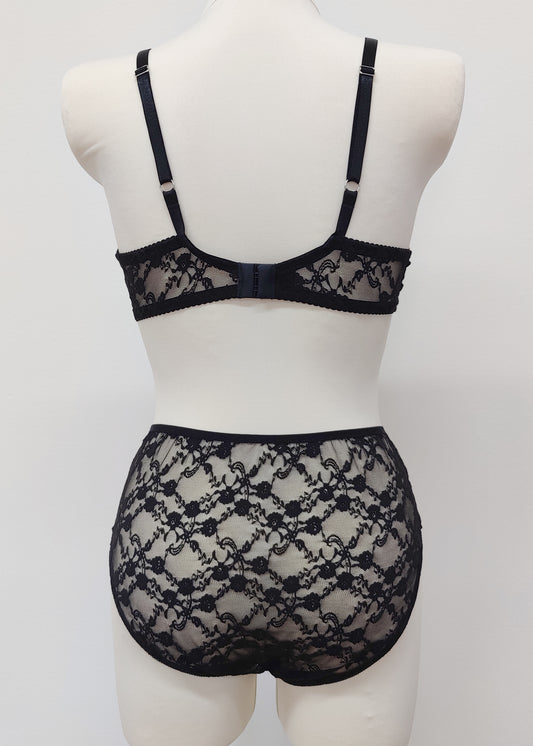 black, sheer, high waist, allover lace panties, here shown with matching Chloe bralette , back view