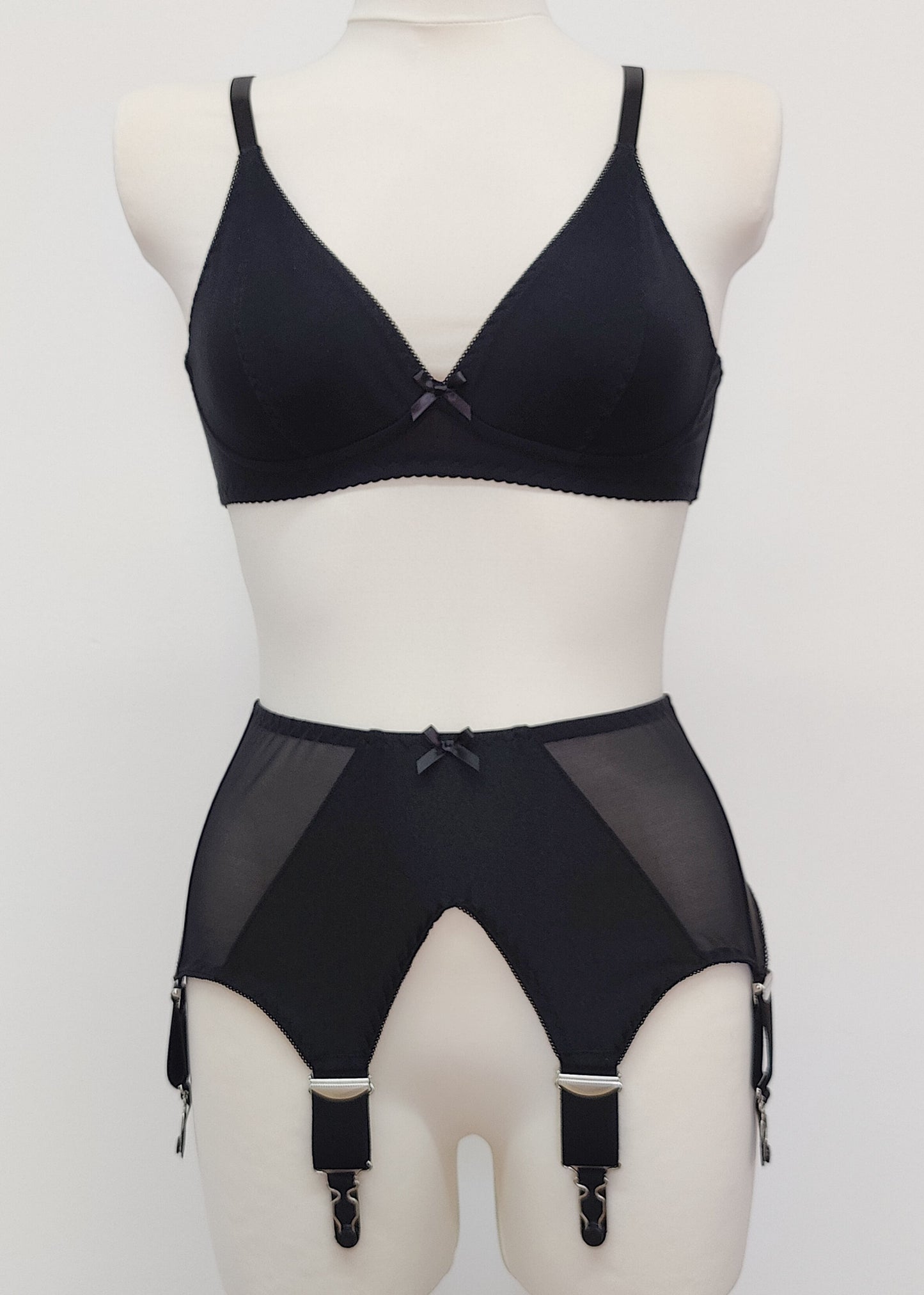 wide, vintage style, Grace garter belt, black with 6 extra wide straps and mesh panels. here shown with black cotton Olivia bralette