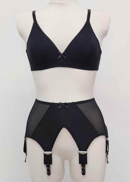 wide, vintage style, Grace garter belt, black with 6 extra wide straps and mesh panels. here shown with black cotton Olivia bralette