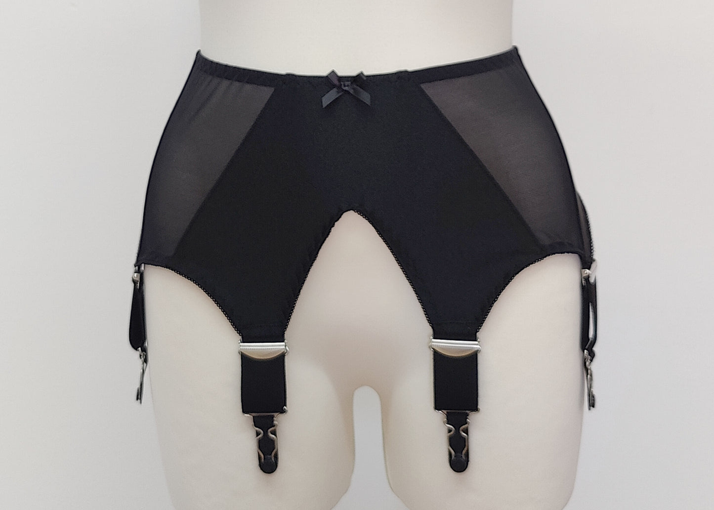 wide, vintage style, Grace garter belt, black with 6 extra wide straps and mesh panels.