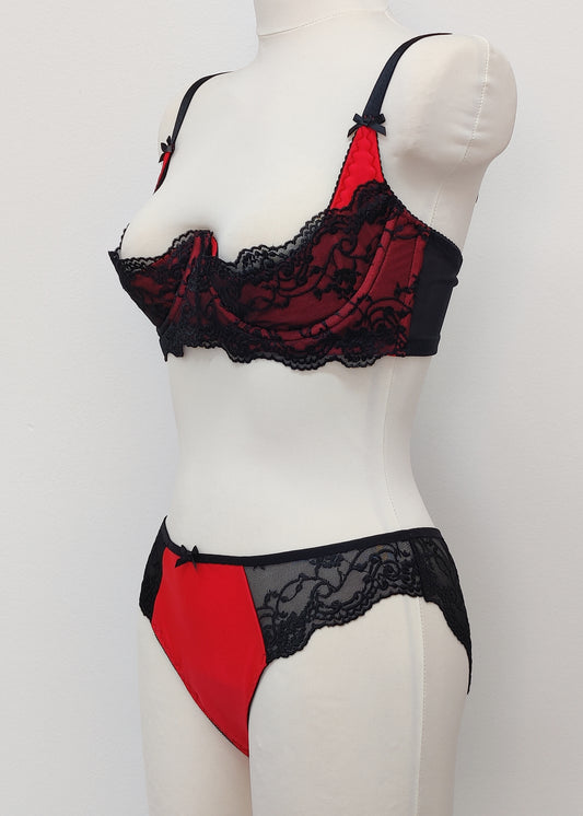 red with black lace quarter cup Lucrezia bra, shown with matching panties