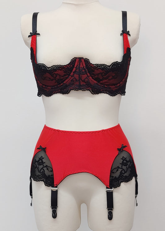 red 6 strap Scarlett garter belt with black straps and lace side inserts, shown with matching Lucrezia quarter cup bra