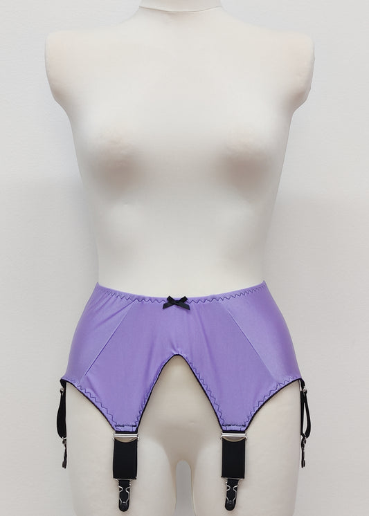 lilac wide vintage style Iris garter belt, with black trim and 6 extra wide black straps