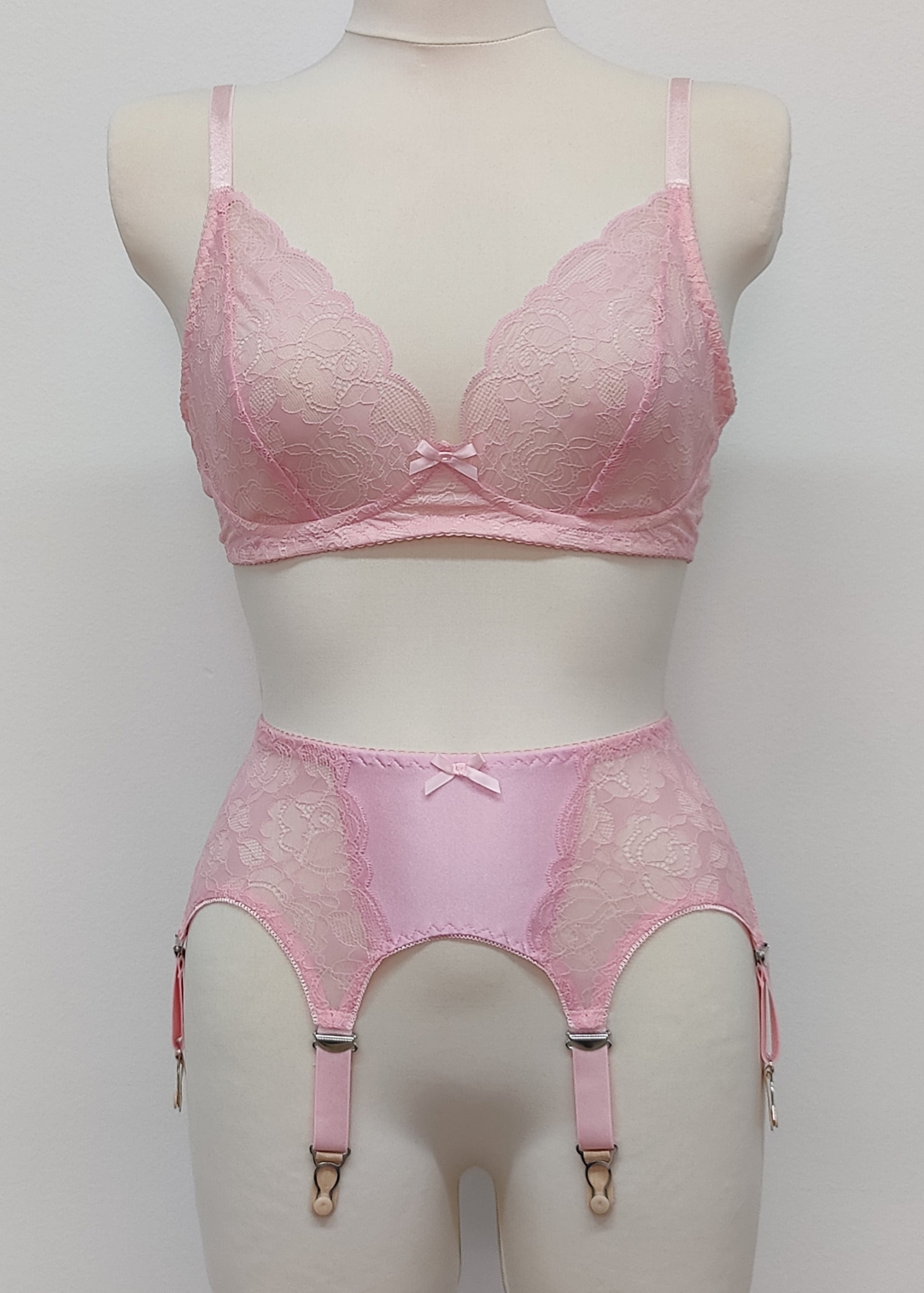 pink lace soft Coco bralette, shown with matching 6 strap Mona garter belt