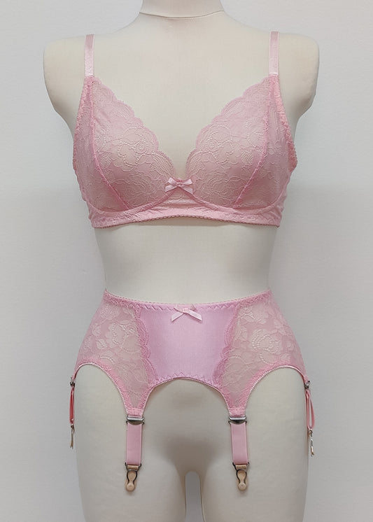 pink lace soft Coco bralette, shown with matching 6 strap Mona garter belt