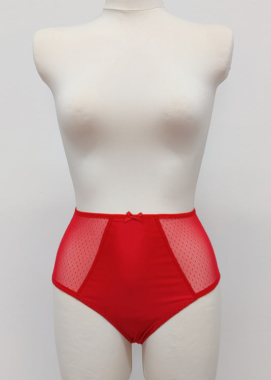 red high waist Mia panties with sheer side panels, also available as bikini and thong style