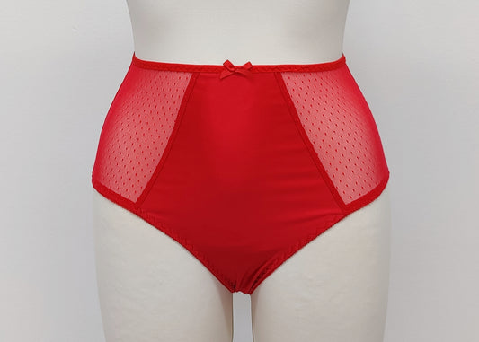 red high waist Mia panties with sheer side panels, also available as bikini and thong style