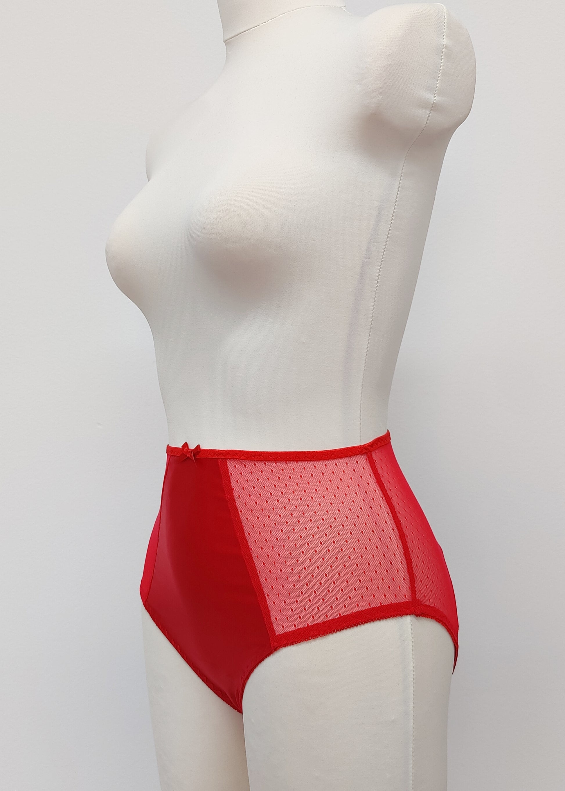red high waist Mia panties with sheer side panels, also available as bikini and thong style, side view