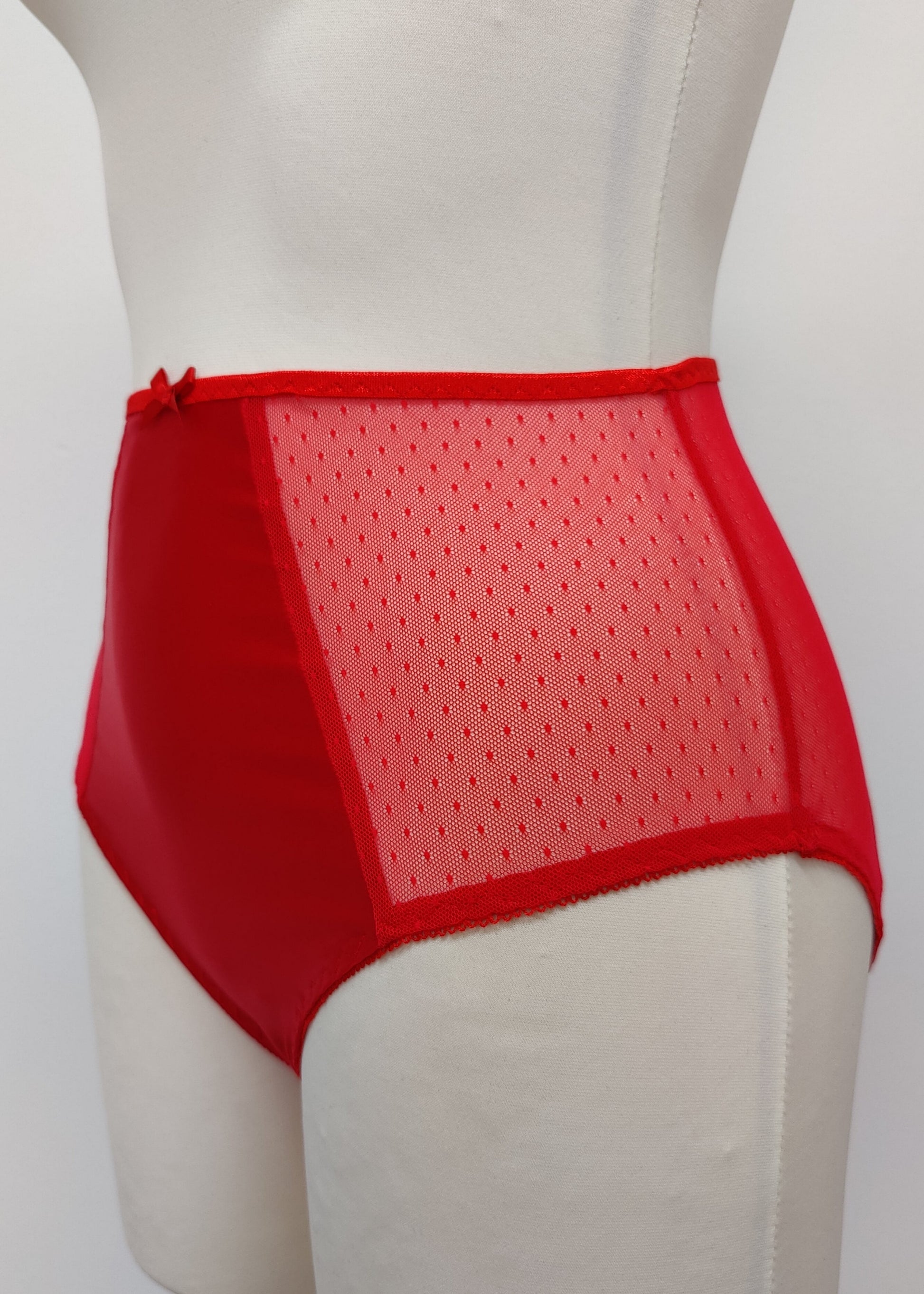 red high waist Mia panties with sheer side panels, also available as bikini and thong style, side view