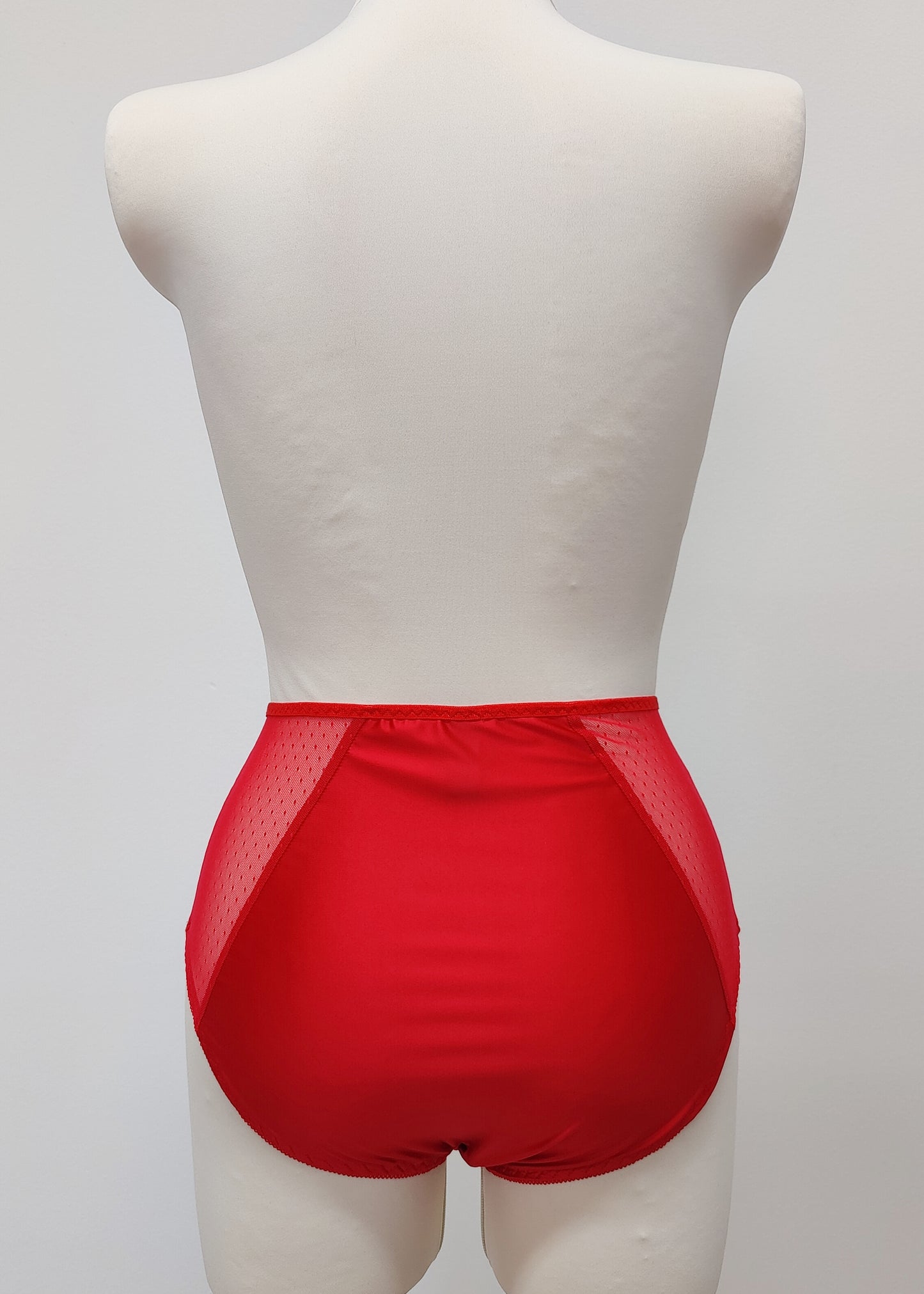red high waist Mia panties with sheer side panels, also available as bikini and thong style, back view