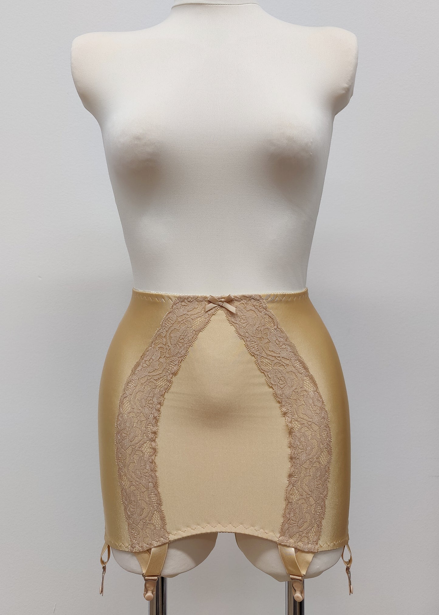 beige 6 strap Rhonda open bottom girdle, with sheer back and lace trim on the front