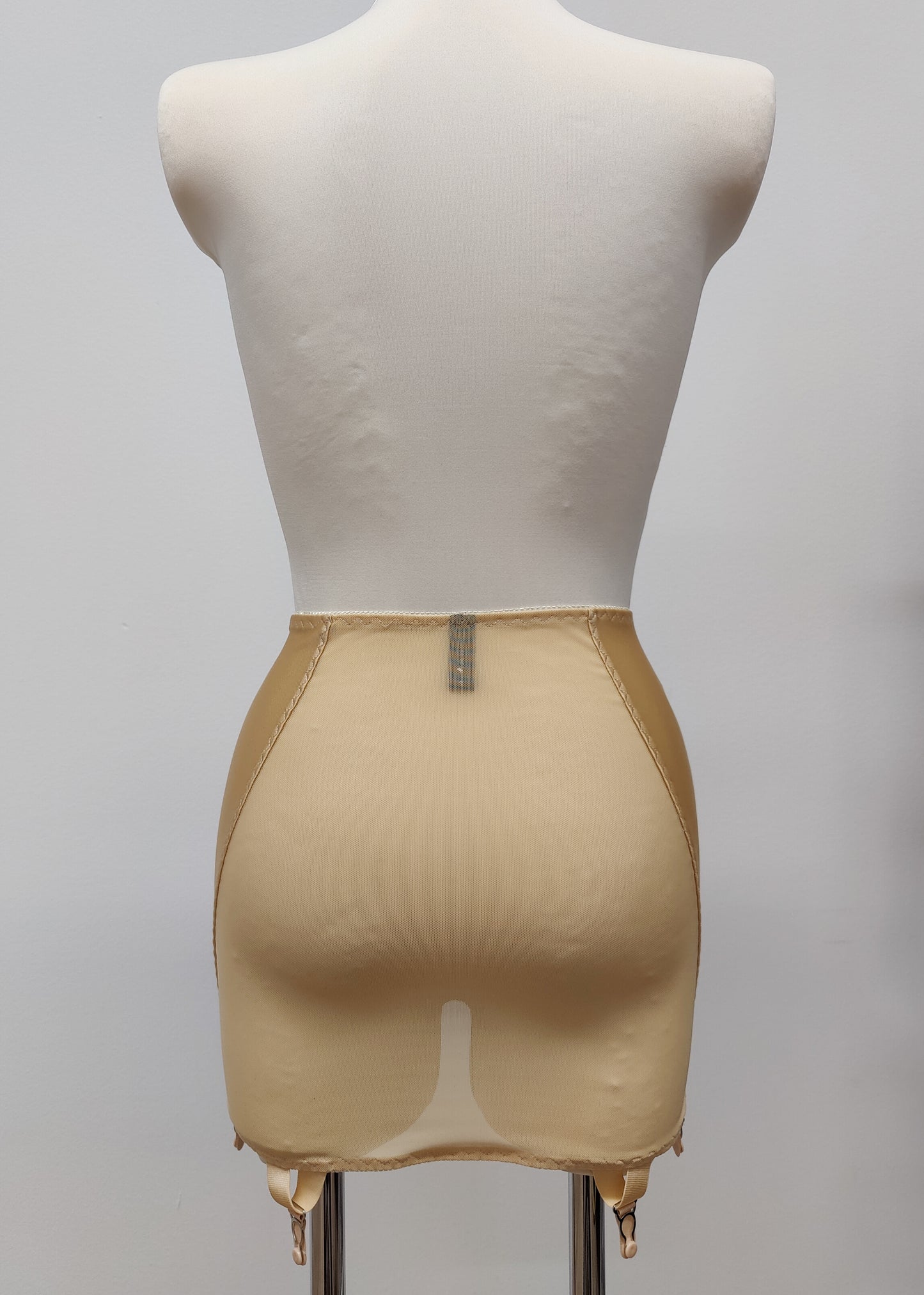 beige 6 strap Rhonda open bottom girdle, with sheer back and lace trim on the front, back view