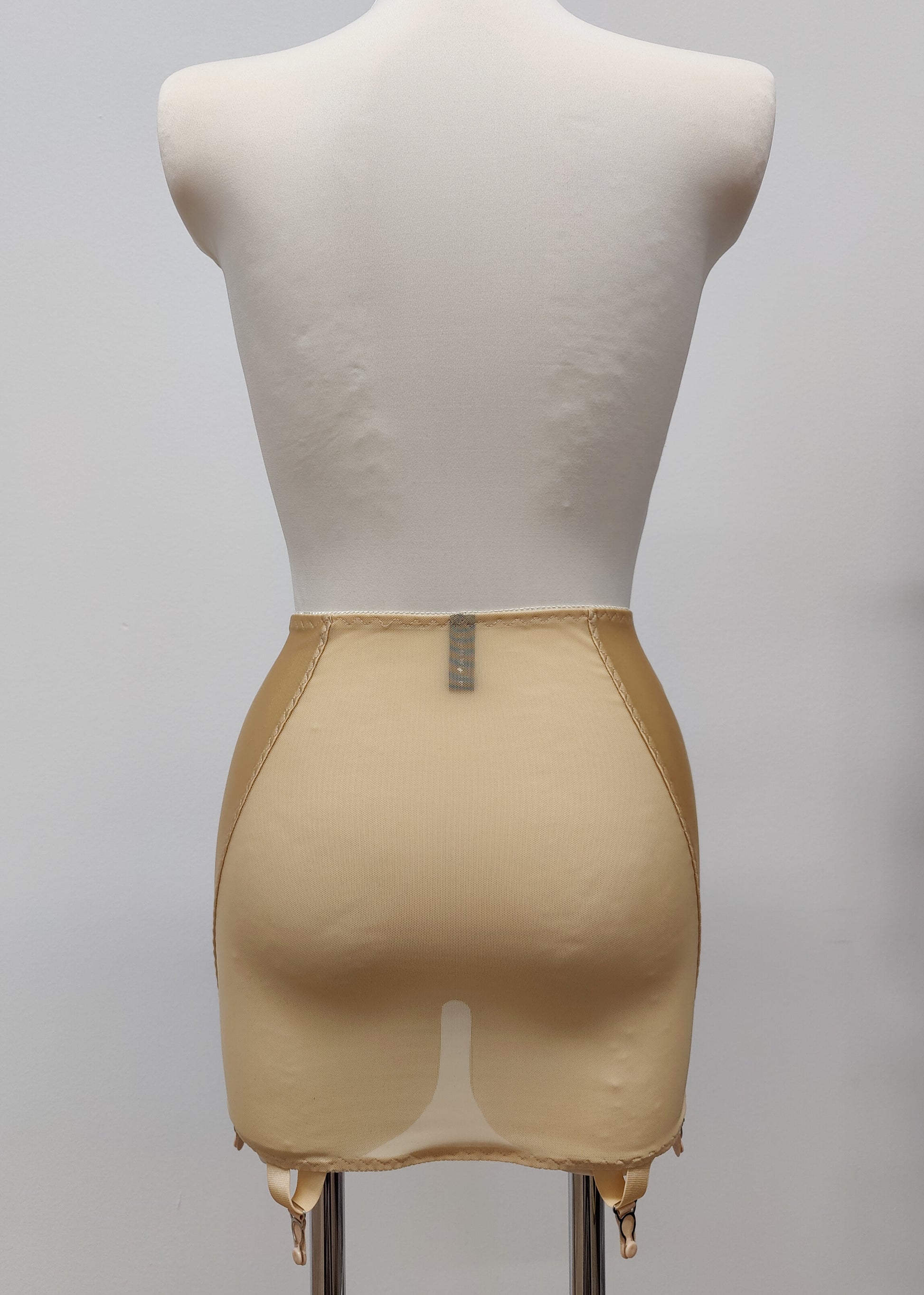 beige 6 strap Rhonda open bottom girdle, with sheer back and lace trim on the front, back view