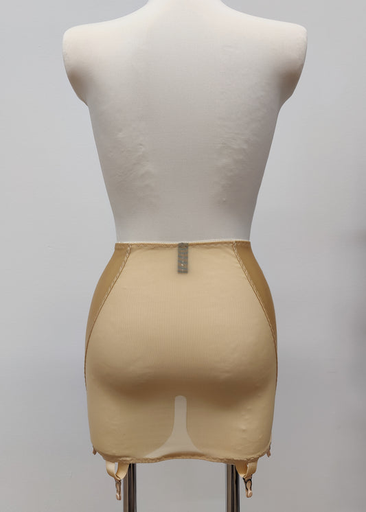 beige 6 strap Rhonda open bottom girdle, with sheer back and lace trim on the front, back view