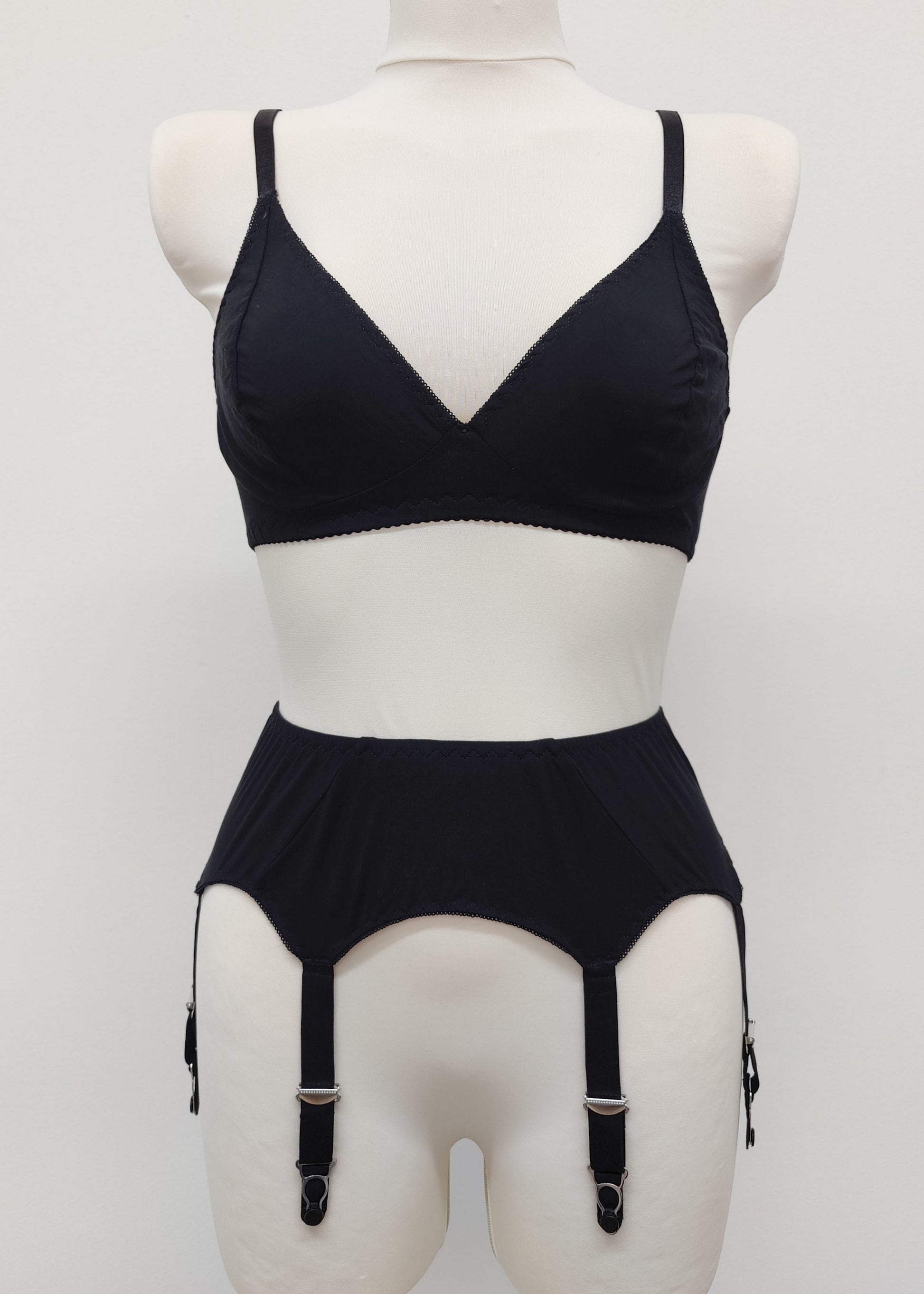 black cotton bralette Olivia, shown with matching garter belt