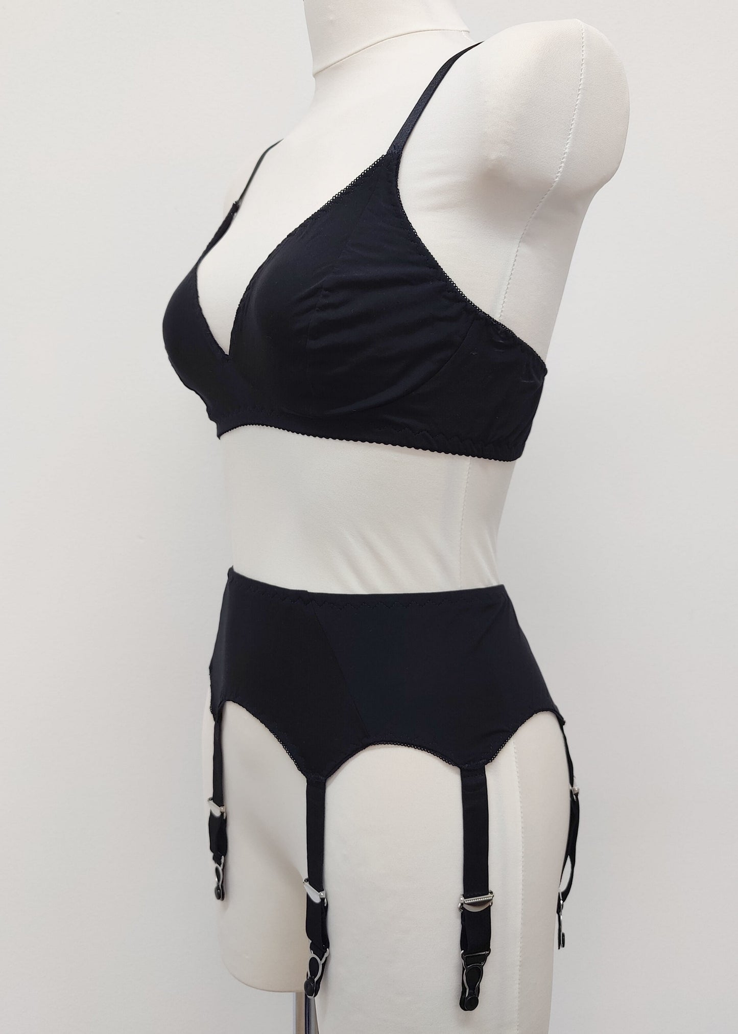 black cotton bralette Olivia, shown with matching garter belt